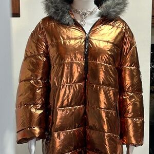 White Mark Shiny Copper Puffer Jacket with Faux Fur NWOT